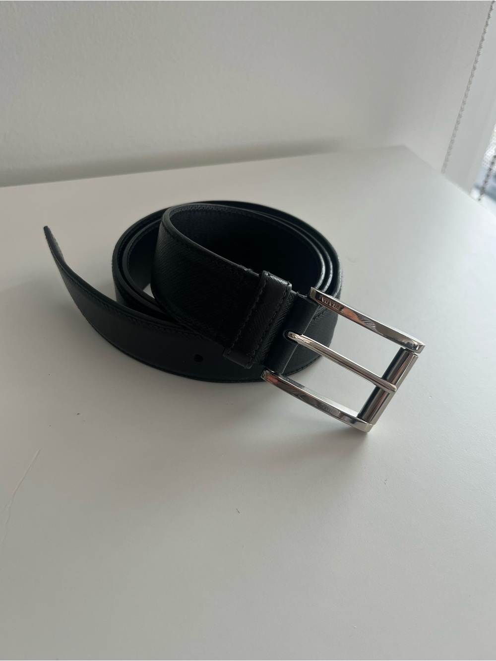 Authentic Prada Saffiano Leather Belt - Black/Silver - Size 36/90